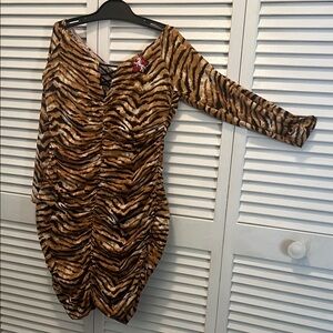 Tiger Print Long Sleeve Dress w/red sequins star/WHT horse design by Julie Lee